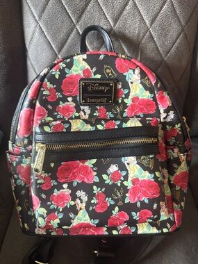 Loungefly Black Mini Backpack with Red Roses and Belle Print/Very Rare